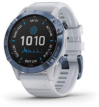Garmin Fenix 6 Pro Solar, Multisport GPS Watch with Solar Charging Capabilities, Advanced Training Features and Data, Mineral Blue with White Band