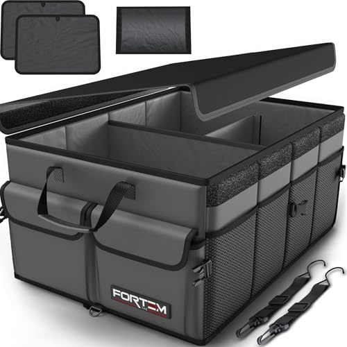 FORTEM Organizador Maletero Coche - Caja Maletero Coche Plegable con Base Antideslizante y Correas Ajustables - Bolsa Organizador con Compartimentos y Tapa con Tela Oxford 600D - Accesorios Coche 65L