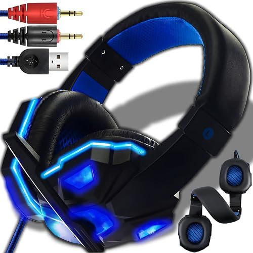 Retoo Gaming-Headset, Kabelgebundenes Gaming Kopfhörer mit Mikrofon Geräuschunterdrückung, Over-Ear aus Ohrpolster mit Kunstleder, Headset für PC, Laptop, PS4, Tablet, Smartphone, TV, Schwarz-blau