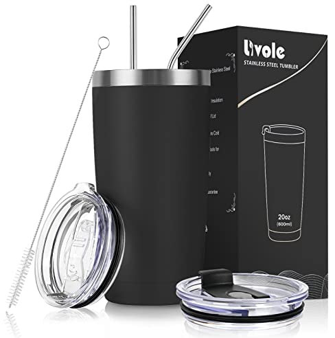 Livole Thermobecher 20oz 600ml für Männer, Frauen, Autobecher, Kaffeebecher to go, Edelstahl Becher mit Strohhalm und Deckel, Doppelwandig Vakuum Trinkbecher, Camping Becher Tasse für Kaffee, Schwarz