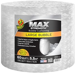 Duck Max Strength Bubble Cushioning Wrap for Moving & Shipping, 60 FT Large Bubble Packing Wrap, Heavy Duty Protection for Mailing & Packaging Boxes, Clear Bubble Roll Supplies Perforated Every 12 IN
