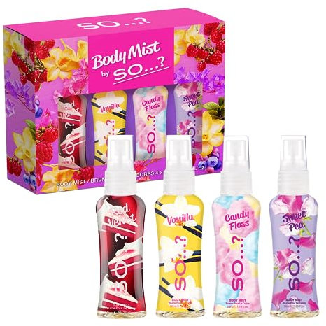 SO? Body Mist By So? Womens Mini Mist Body Mist Gift Set, with Red Velvet, Vanilla, Candy Floss & Sweet Pea, Fragrance Spray Set (4x50ml)