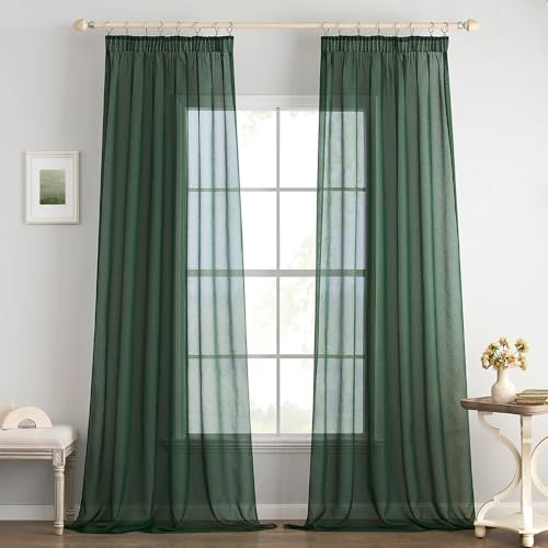 EMEMA Cortinas de Visillo con Cinta de Rizo Cortina Transparente de PoliéSter Bufanda Transparente Sala de Estar Aireado Bufanda Decorativa para El Dormitorio 2 Piezas 140 X 245 cm Verde Oscuro