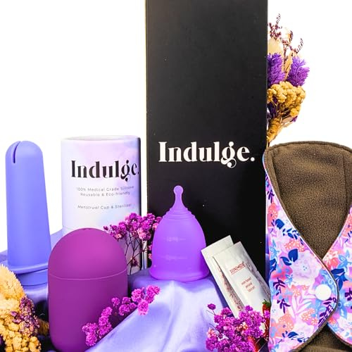Indulge 5 PCS Reusable Menstrual Cup Set, Silicone Period Cup, Microwave Steriliser, Water Based Lube,Panty Liners,Eco-Friendly Alternative to Tampons & Sanitary Towels, Extra Small, Pack of 1, Purple