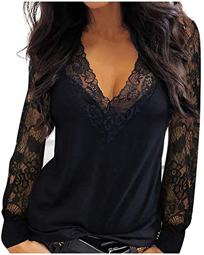 Haut Femme Dentelle, Top Décolleté Sexy Femme Patchwork,Tee Shirt Femme Manche Longue Chic et élégant Tuniques a La Mode Élasticité Casual Chemise Col V AjustéE Noire Stretch Printemps et été Blouse