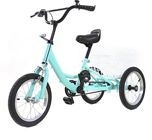 Fridgestea 14 Inch Children's Tricycle, 3-Wheel Cruiser Bike for 5-6 Years with Rear Basket & Adjustable Seat, Single Speed Kids Bike for Boys Girls of 5-6 Years Old, Light Green, 50kg Load Capacity