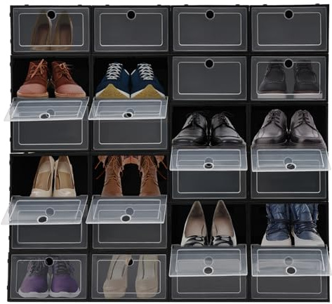 MINRS Set di 24 scatole per scarpe, impilabili, con porta, portatili, scatole per scarpe, pieghevoli, salvaspazio, in plastica, per scarpe fino alla taglia 44, colore nero