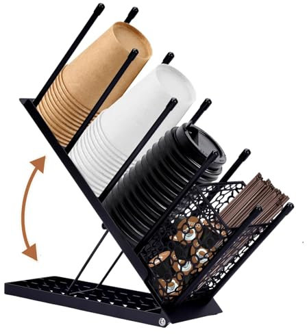 PACIOCEAN Adjustable 4 Tier Cup Dispenser and Lid Holder, Metal Coffee Cup Organizer with Straw Storage, Space Saving Drinkware Dispenser for Home, Office, Bar, Restaurant