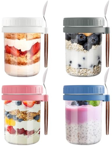 Aevcvok 4 Overnight Oats Jar, 400ml Pot Overnight Oat Verre, Bocal en Verre avec Couvercle et Cuillère, Bocaux Overnight Oats, Meal Prep Containers Verre pour Yaourts, Puddings, Salade