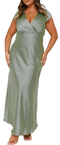 Summer Satin V Neck Wrap Maxi Dress for Women 2026 Elegant Silk Cap Sleeve Wedding Guest Dresses Sage