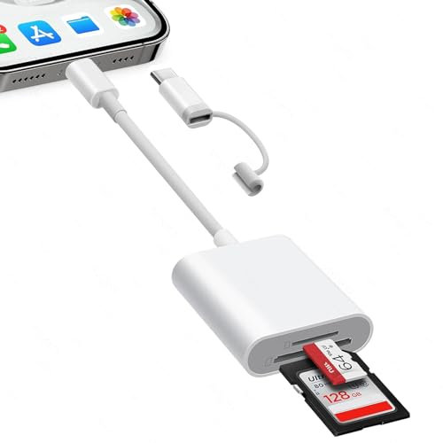 Lecteur Carte SD pour iPhone/iPad/MacBook/Mac/Caméra (Port Lightening et Port USB C), SD Card Reader avec 2 Fentes, CarteSD et Micro SD, Adaptateur Carte SD, Plug and Play