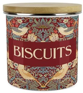 Red Strawberry Thief Small Biscuits Storage Canister - Morris Inspired Floral Tapestry Artwork - Enamel Hot Drinks/Food Kitchen Storage Container