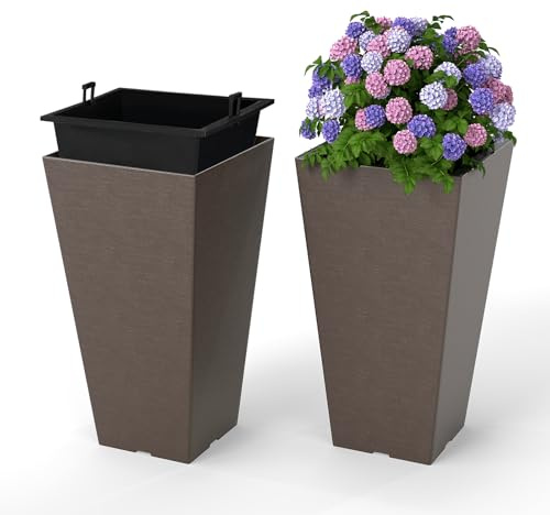 COSTWAY Lot de 2 Pots à Plantes en Forme de Cône, Jardinières Carrées 57 CM avec Système d'Auto-Arrosage Seau Intérieur Amovible, Pots de Fleurs Décoratif Intérieurs Extérieur (Brun)