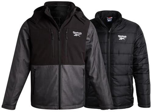 Reebok Mens Winter Coats - 3 in 1 System Hooded Softshell Windbreaker Jacket and Quilted Puffer Insulated Mens Ski Jacket, Size Medium, Charcoal Slate