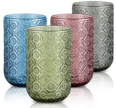 Joeyan 410ml Vasos de Cristal agua Vintage, Juego de 4 Multicolor Vasos de Vidrio Grandes con Relieve Floral, Cristalería para Café,Té,Cerveza,Leche,Cócteles,Apto Lavavajillas(Gris Verde Rosa Azul)