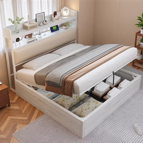Wyibwy Struttura letto 180x200 con testiera imbottita e USB e Type-C,Letto matrimoniale con meccanismo di sollevamento idraulico,strato contenitore nascosto,design retrò in legno e metallo,bianco