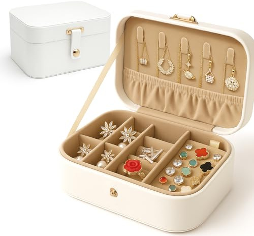 kaiyaya Boîte à Bijoux de Voyage,16×12×8 cm Rangement pour Bijoux Double,Blanc Organisateur en PU cuir Rangement pour Bagues,Boucles D'oreilles,Bracelets,Colliers,Femme