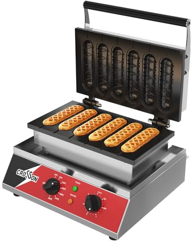 CROSSON Commercial 6PCS Waffle Stick Maker, Non-Stick Triple-Layer Coating Corn Hot Dog Waffle Iron W/ 140-480℉ Temp Range and 5 Minutes Timer, Machine for Restaurant Bakery Snack Bar-120V/1600W
