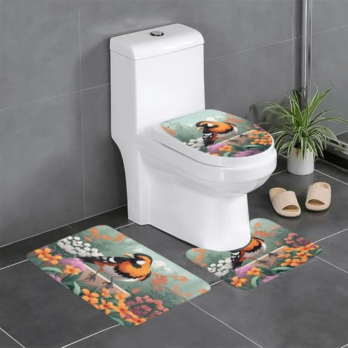 Juego de 3 alfombras de baño de 24 x 16 pulgadas YYHWHJDE Oriole en la cama de flores antideslizantes para inodoro, tocador y cubierta de tapa, fácil de limpiar