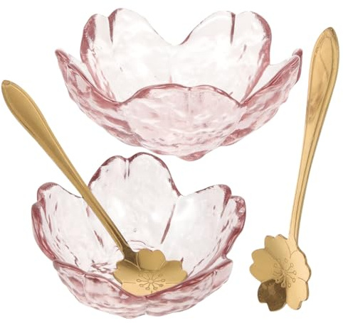 DEARMAMY Bol à Huiles Essentielles en Verre Forme Fleur de Cerisier 2 Pièces avec Cuillères Dorées pour Salon de Beauté Spa Soins du Visage Mélanger Masques Aromathérapie