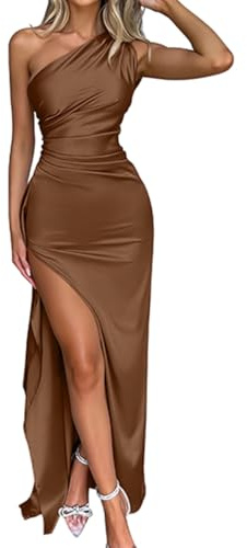 OQQ Women One Shoulder Dress with Ruching High Slit Maxi Dress for Prom & Formal Party Elegant Evening Gown