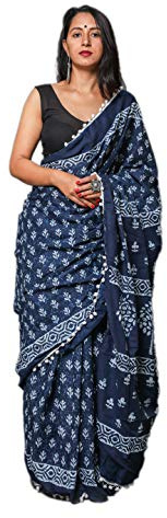 Shivanya Handicrafts Indigo Print Cotton Mulmul Saree for Women Attached Blouse Piece (indigo), multi, One size