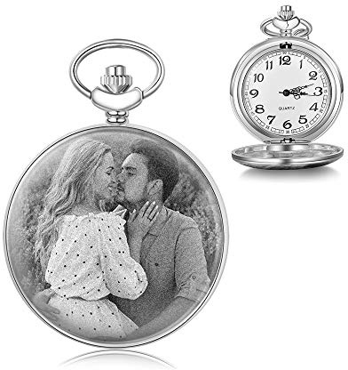 jewel Orologio Tasca Personalizzato con Foto e Testo Incisione Orologio da Tasca Vintage Liscio Orologio Classico per Uomo Donna Regalo per Compleanno Anniversario Festa del papà (Argento 2)