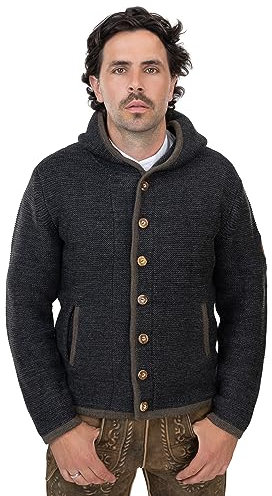 Herren Trachtenjacke mit Kapuze – Trachten-Strick-Jacke aus Wolle – Hoodie Strickjacke Grau/Anthrazit Cardigan - Arvid (L)