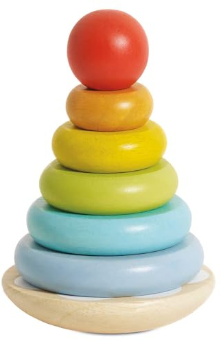 Le Toy Van - PL011 - Gioco torre ad anelli impilabili Montessori, giocattolo educativo per bambini dai 18 mesi, Petilou, 6 pezzi arcobaleno da impilare, gioco ecologico, in legno FSC, Petilou