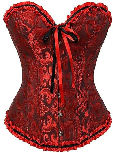 LSFYSZD Women's Lace Up Boned Overbust Corset Bustier Lingerie Bodyshaper Top Plus Size (Wine Red, S)