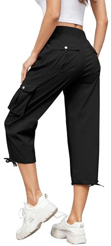 Hose Damen 3/4 Sommer Casual Cargohose Caprihose Jogginghose Comfy Stretch Leichte Outdoor Sport Reise Wanderhose Mit 6 Taschen (Schwarz, XL)