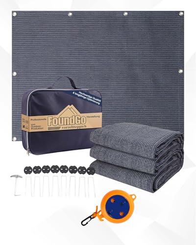 FoundGo Tappeto per veranda con occhielli [280 g/m² HDPE] Tappeto da campeggio per esterni, base per veranda inclusa borsa per il trasporto, 8 chiodi in acciaio e corda stendibiancheria Blu/Grigio