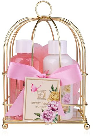 Accentra Set doccia da donna, set regalo SWEET PEONY in un bellissimo cestello metallico, 3 pezzi con gel doccia, lozione per il corpo e spugna da bagno, set regalo per la festa della mamma e San