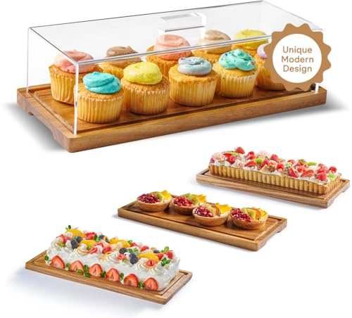 HOMESPHERE Cake Display with Lid – Acacia Wood Dessert Stand & Wooden Charcuterie Board with Lid for Loaf Cakes, Bread, Pastries, Cheese, Large Rectangle Wood Tray Platter & Acrylic Cover, 15 x 6.25”