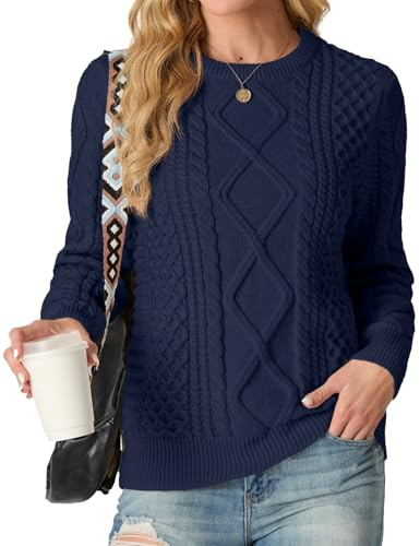 GRECERELLE Pull à col rond en tricot torsadé pour femme - Pull à manches longues pour femme, bleu marine, M