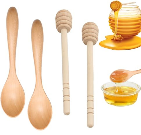 SNONESIY 4 Stück Honigrührer Honiglöffel 15cm Honiglöffel aus Holz,Honigspirale Honey Sticks,Rührstäbchen Honigheber Dosierer Zum Sammeln und Verteilen von Honigmarmeladensirup