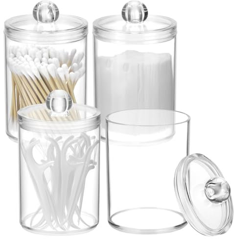 QWORK® Lot de 4 boite coton tige en plastique transparent avec couvercles, distributeur de tampons de maquillage, pour boules de coton, cotons-tiges, fil dentaire et plus encore