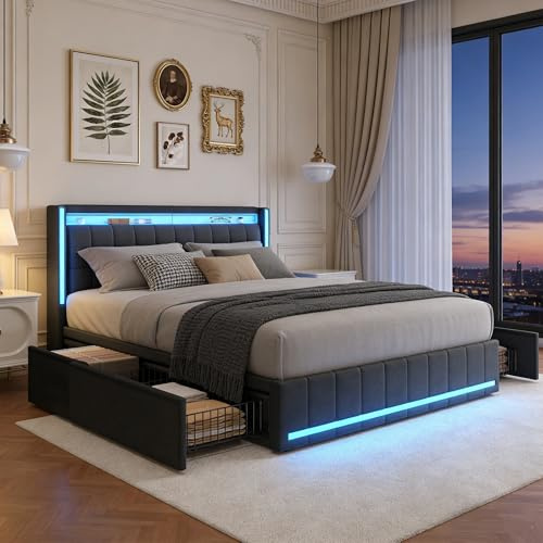 BRILVERDE Polsterbett 160x200 mit Stauraum, Doppelbett mit USB/LED, Jugendbett mit 4 Schubladen,Bettgestell mit Lattenrost und Kopfteil, Linen (Grau, 160 x 200 cm)
