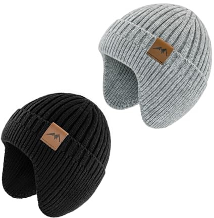 SEYUFN Bonnet Enfant Garcon Hiver Bonnet Bebe Fille Dinosaure Tricot Chapeau Bebe Garcon Large Protection des Oreilles (FR/ES, Âge, 3 Ans, 8 Ans, A-Noir&Gris)