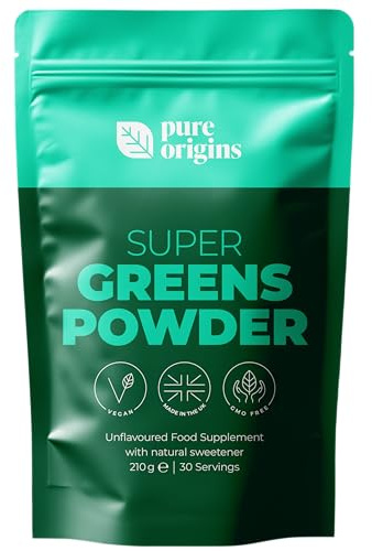 Pure Origins Super Greens Powder 210g, Gut Health, Energy, Immunity | 15 ingredient greens blend with plant fibre, vitamins and minerals, 30 servings