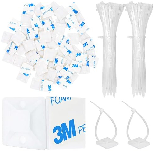 Qaestuan 100 Pezzi Fermacavi Adesivi e Stringicavi, 20 x 20mm Riutilizzabili Clip Adesive, Nylon Stringicavo Cavi Fermacavo, Protezione UV Fermacavi Adesivi, Si Applica a TV, Laptop, Casa e Ufficio