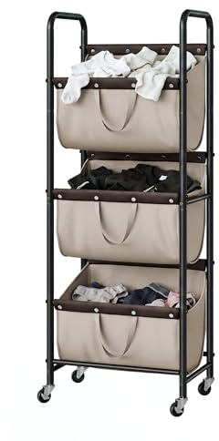 GRANNY SAYS Cestino per la biancheria a 3 scomparti, organizzazione e contenimento per la lavanderia, carrello con ruote a 3 scomparti per dormitori, bagni, camere da letto e armadi, Kaki