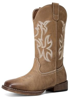 DREAM PAIRS cowgirl-stövlar för kvinnor bred fyrkantig tå västerländsk mitten av vaden pull-on broderade sydda retrostövlar