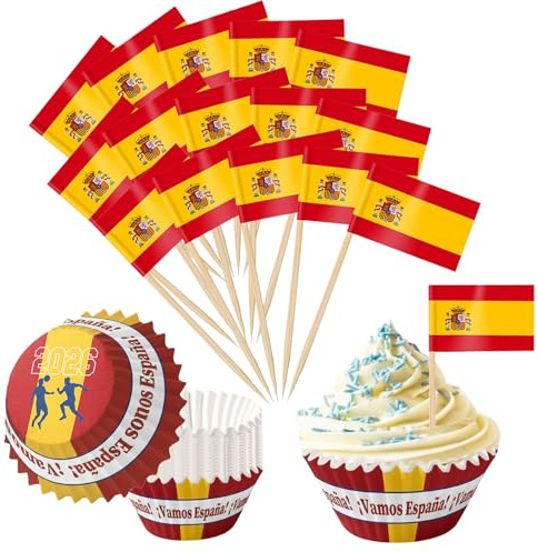 YESAH Decoraciones Fútbol para el Mundial 2026,100P Mundial España Banderas de Palillo,100 Moldes Cupcake Bandera Española para Toppers Pastel,Cápsulas Magdalenas,Fiesta Fan, ¡Vamos España!