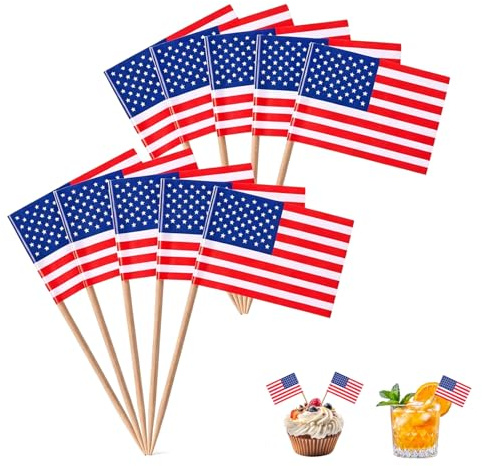 200 stuzzicadenti decorativi con bandiera degli Stati Uniti, decorazione per feste, bandierine americane per cupcake, finger food, cocktail, buffet, decorazione All American per feste del 4 luglio