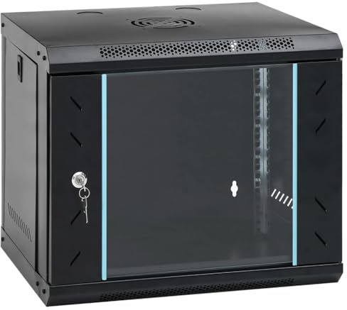 QUAHEAS 9HE väggmonterat nätverksskåp 19 tums IP20 av kallvalsat stål 53 x 40 x 45 cm med låsbar glasdörr och lås för hemnätverk kontor förvaring och server