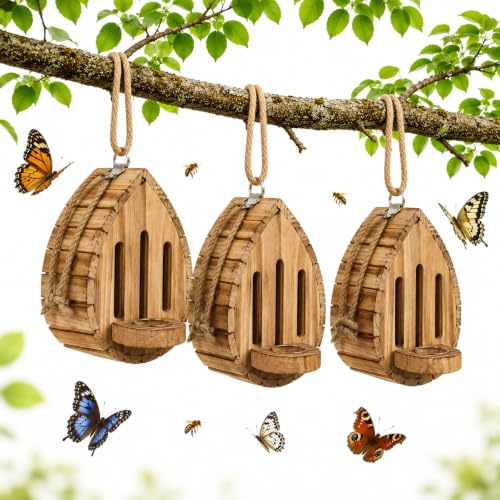 Casa de mariposas de madera para exteriores, hábitat de jardín en forma de lágrima y comedero con cuerda para colgar, caja de anidación natural resistente a la intemperie, casas de mariposa colgantes