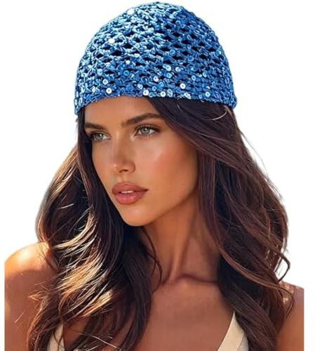 CocMouse Knitted Beanie for Women Ladies Skull Cap Sequins Hat Crochet Hat Hollow Out Hat for Y2k Daily Outfit Party Wear (B-Blue, ONE Size)