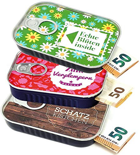 Geldgeschenke Verpackung Sardinendose MIX 2 Geld Geschenkverpackung für Geburtstag, Konfirmation, Jugendweihe, Umzug | inkl Aufkleber für individuelle Botschaft | made by Scherzboutique