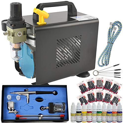 Professional Airbrush Set Compressor Ultimate Nail Set - Kit with Very Quiet Airbrush Compressor/Airbrush-Pistol Double-Action incl. 3 nozzles and Compressed air Hose, with 10x10ml Airbrush-Colors